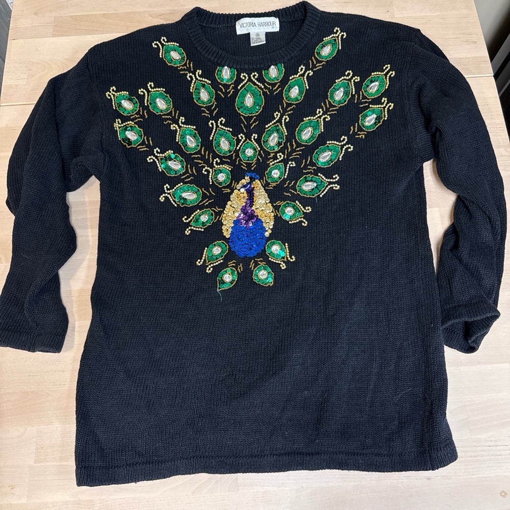 VINTAGE Victoria Harbour Black‎ Sweater with Peacock Embroidery